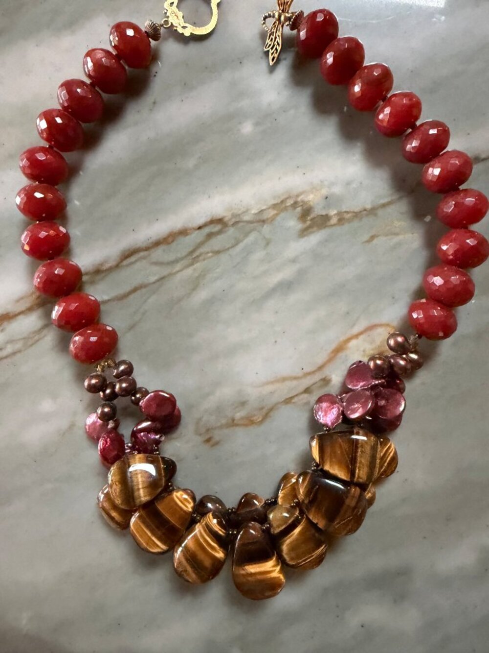 Anthropologie Tiger Eye Carnelian Pearl Multi-Strand Statement Necklace 17"